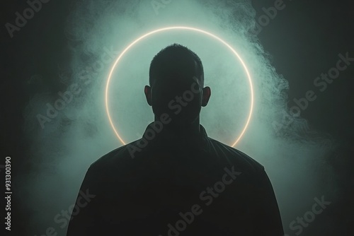 Mysterious silhouette of a person illuminated by a halo of light creating an enigmatic and surreal atmosphere ideal for themes of identity mystery and spiritual exploration photo