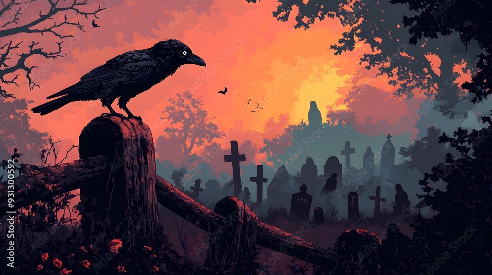 Fototapeta premium Raven on Fence in Sunset Graveyard Illustration