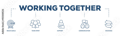 Working together icons process structure web banner illustration of collaboration, reach goals, team spirit, support, communication, and exchange icon png transparent background.