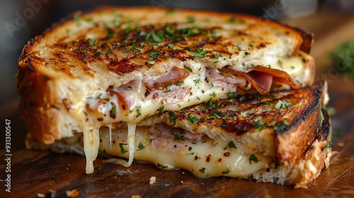 Delicious grilled cheese sandwich with melted cheese, crispy bacon, and fresh herbs on a wooden board. Perfect comfort food for any meal.