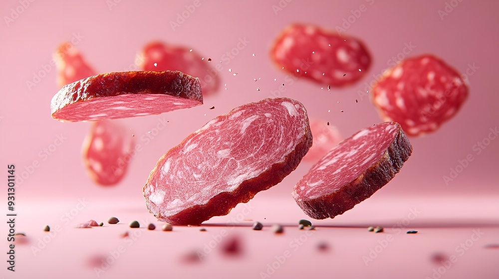 Fototapeta premium Close-up of fresh raw meat steaks floating against a pink background, ready for cooking. Concept of fresh ingredients and gourmet cuisine.