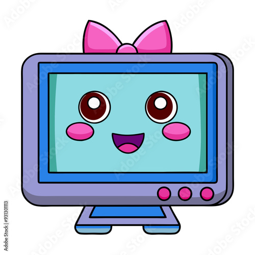 Charming purple kawaii flatscreen television character with happy expression, pink bow
