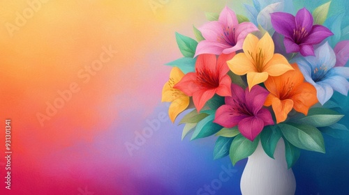 A painting of a vase filled with colorful flowers on a multicolored background, AI