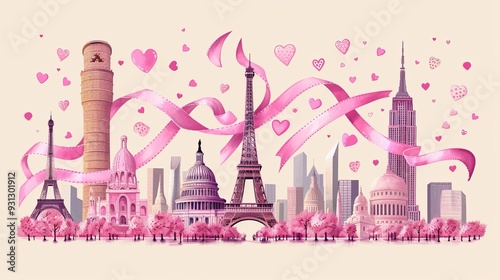 Cartoon depiction of famous global landmarks adorned with pink ribbons to signify worldwide participation in Breast Cancer Awareness Month cartoon Vector Illustration
