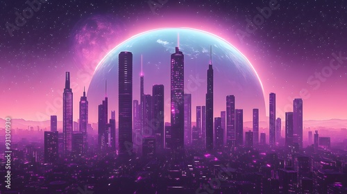 A futuristic cityscape rising from the Earth, towers reaching towards the sky, gradient background from dusk purple to night blue, intricate details in the buildings and planet surface, lighting is