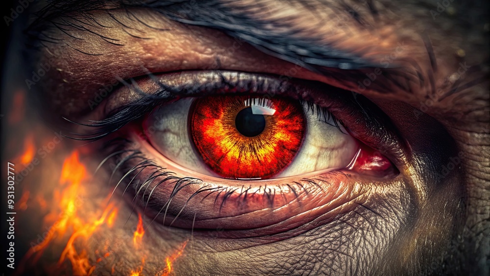 Close up of a sinister demon's eye with fiery red and yellow colors, demon, eye, evil, scary, hellish, supernatural, spooky, close up Close up of a sinister demon's eye with fiery red and yellow colors, demon, eye, evil, scary, hellish, supernatural, spooky, close up