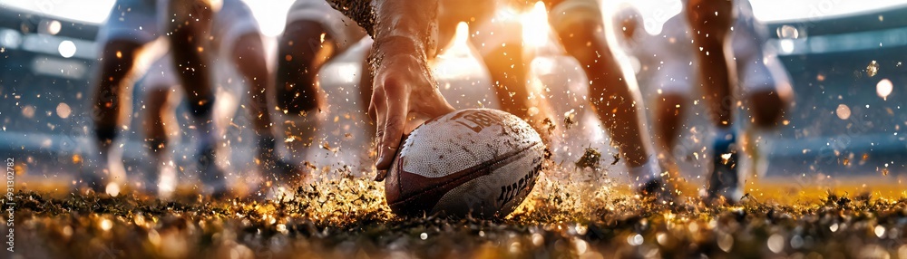 © Siripong - Dynamic rugby scene capturing the intensity of the game with players in action and sunlight illuminating the field. © Siripong - Dynamic rugby scene capturing the intensity of the game with players in action and sunlight illuminating the field.