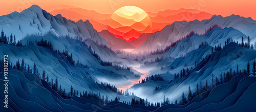 Vibrant Sunset Over Silhouetted Mountain Range in Paper Art Style