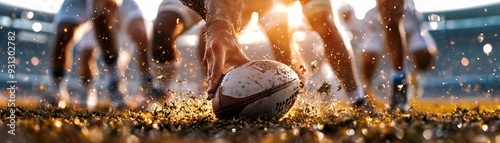 Dynamic rugby scene capturing the intensity of the game with players in action and sunlight illuminating the field.