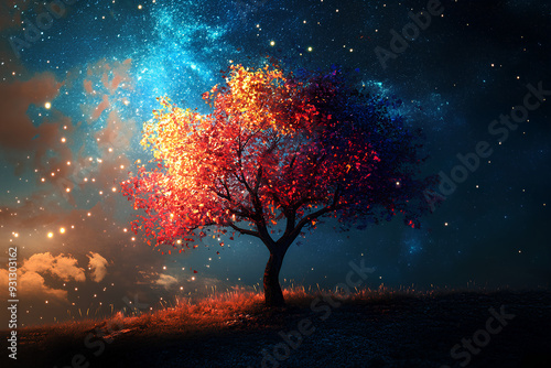 beautiful colorful trees on a dark background, color space tree star