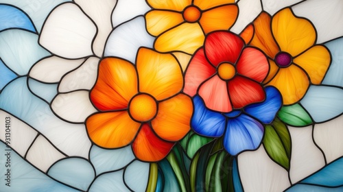 A stained glass painting of a vase full of colorful flowers, AI
