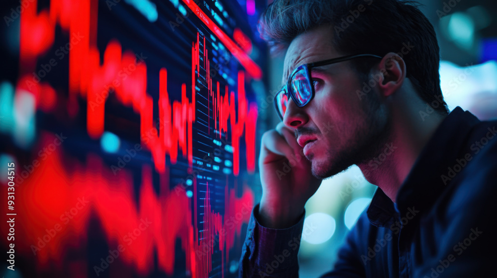 Nervous stock exchange professional analyzing negative market data and red-line graphs,