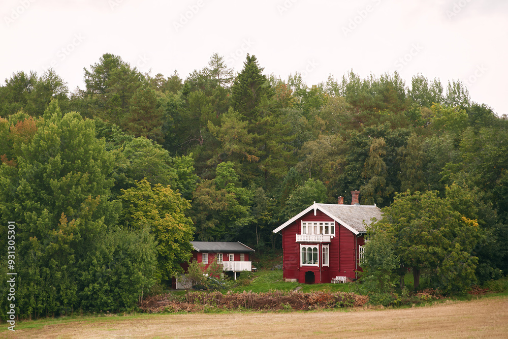 Norwegian red cabin by autumn trees and water