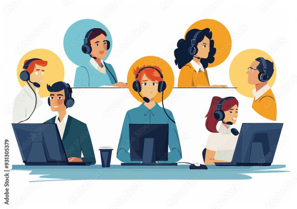 Customer Support Agents with Headsets Providing Online Technical Assistance in a Call Center, Minimalistic Vector Illustration of 24-Hour Helpdesk with Diverse Operators and Engaging Hotline Services Customer Support Agents with Headsets Providing Online Technical Assistance in a Call Center, Minimalistic Vector Illustration of 24-Hour Helpdesk with Diverse Operators and Engaging Hotline Services