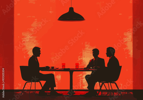 Business Meeting Discussion in Minimalistic Red Vector Art - Professional Collaboration, Planning, and Working Theme