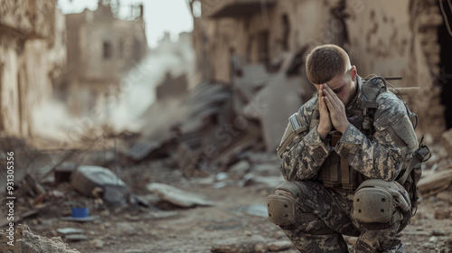 A poignant scene of a soldier in uniform pausing to pray in a wartorn environment, highlighting the solace of faith in conflict, photo