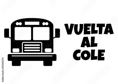 Logo con silueta de autobús escolar con letras palabra Vuelta al cole en español en texto manuscrito