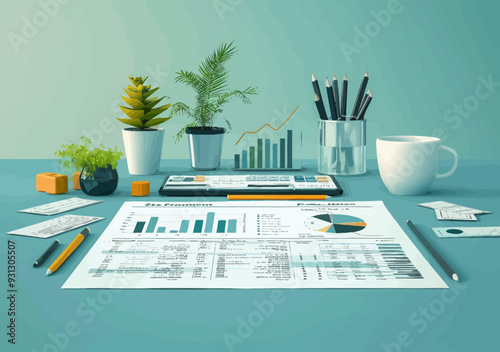 Minimalistic Tax Form and Audit Analysis Business Illustration with Modern Office Setup and Growth Chart during Daytime