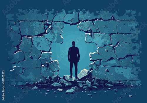 Businessman Breaking Through Concrete Wall for Success Concept Illustration - Overcoming Challenges, Achieving Goals, Minimalistic Vector Art, Blue Background, Dramatic Empowerment Theme