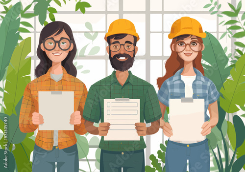 Team of Workers Holding Checklists in a Greenery Setting During Daytime - Vector Illustration of Collaboration, Planning, and Teamwork Concept in Modern Business Environment