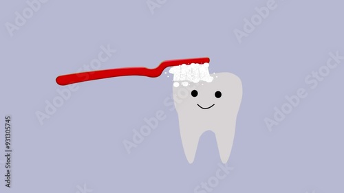 Animated Toothbrush Cleaning a Gray Tooth, Dental Hygiene Concept, 2D Animation
