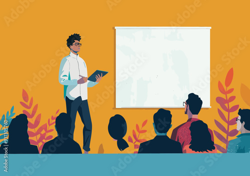 Young Speaker Giving Educational Lecture to Audience in Modern Setting, Business Presentation Concept, Minimalistic Vector Illustration, Daytime, Academic and Professional Development Theme