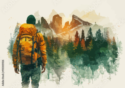 Adventurous Explorer with Backpack in Scenic Mountain Landscape, Minimalistic Illustration Depicting Outdoor Adventure, Nature, and Exploration Themes