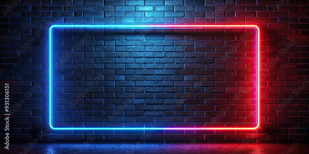 Red and blue neon light frame illuminating a dark empty room with a brick wall background, neon lights, red Red and blue neon light frame illuminating a dark empty room with a brick wall background, neon lights, red