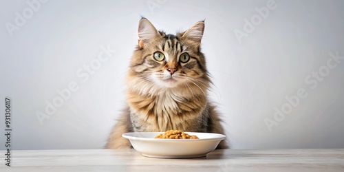 Cute cat with fluffy fur happily enjoying a meal, cat, adorable, eating, food, feline, pet, kitty, fluffy, whiskers, hungry