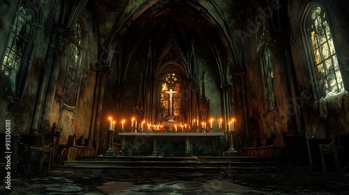 Abandoned Church Interior with Candles and Cross