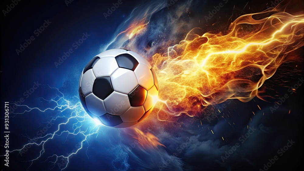 Fototapeta premium Soccer ball with flames and lightning streaks flying through the dark night sky , sports, soccer, ball, flames, lightning, night