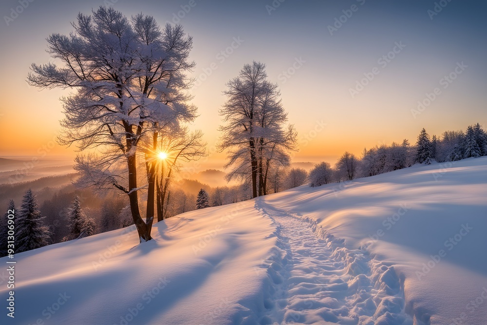 Footprints in fresh snow on a hill with a row of trees in winter in golden sunrise light Footprints in fresh snow on a hill with a row of trees in winter in golden sunrise light