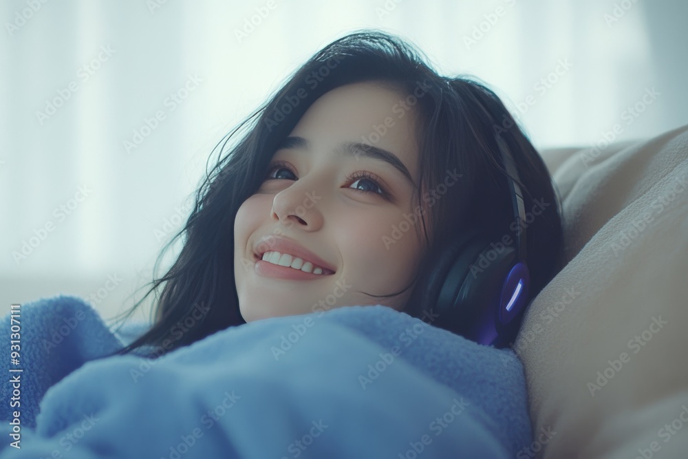 Woman relaxing on a bed with a serene smile embodying peace contentment and the joy of relaxation ideal for themes of wellness lifestyle and the simplicity of self care Woman relaxing on a bed with a serene smile embodying peace contentment and the joy of relaxation ideal for themes of wellness lifestyle and the simplicity of self care