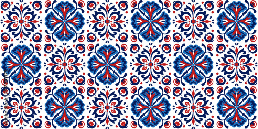 Seamless pattern of floral texture ornament stylized in red - blue tones