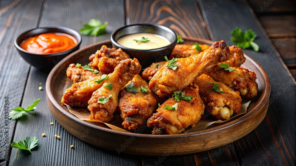 Fried chicken wings served with a savory sauce , crispy, appetizer, delicious, fast food, meal, lunch, tasty, fried, chicken, wings Fried chicken wings served with a savory sauce , crispy, appetizer, delicious, fast food, meal, lunch, tasty, fried, chicken, wings
