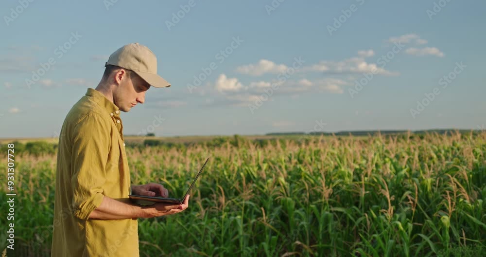 Young farmer using a laptop while standing in front of a cornfield. Young farmer using a laptop while standing in front of a cornfield.