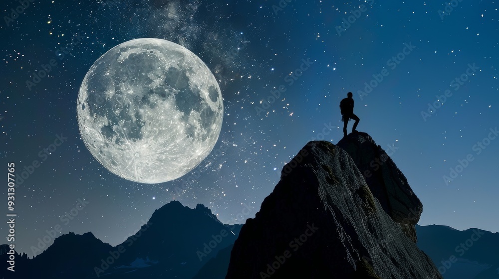 A silhouette of a person standing on a mountain peak under a full moon, surrounded by sparkling stars in a serene night sky. A silhouette of a person standing on a mountain peak under a full moon, surrounded by sparkling stars in a serene night sky.