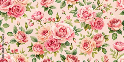 Fototapeta Naklejka Na Ścianę i Meble -  Repeating pink floral pattern with roses on a light background, roses, pink, floral, pattern, wallpaper, fabric