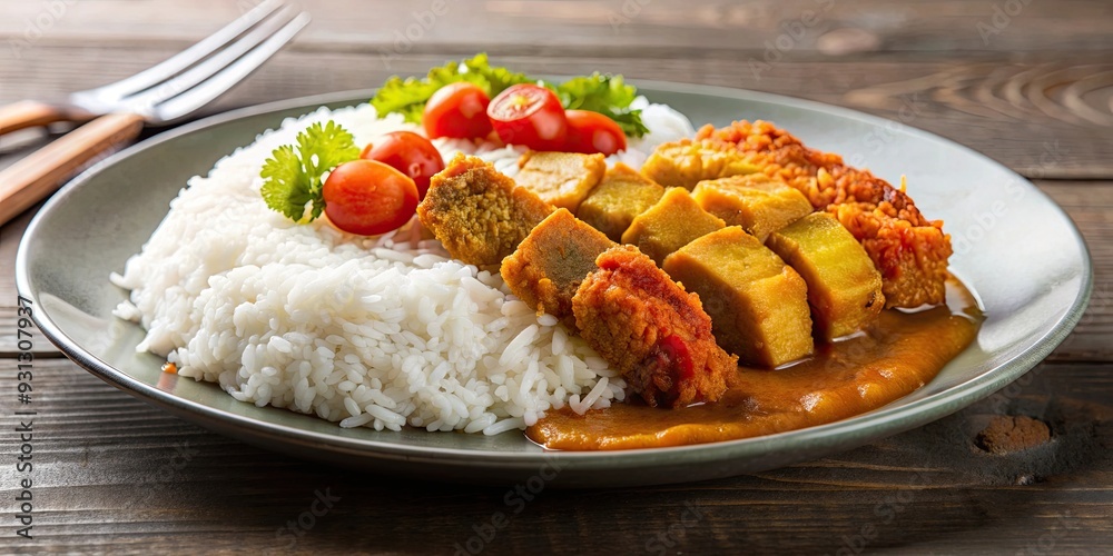 Rice with deep fried pork and curry meal , Asian cuisine, food photography, delicious, homemade, comfort food, plate, lunch Rice with deep fried pork and curry meal , Asian cuisine, food photography, delicious, homemade, comfort food, plate, lunch