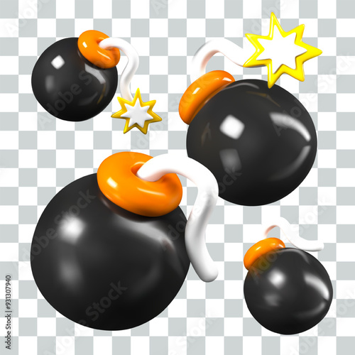 Set of cannonballs in different positions. Black round bomb with lit cord