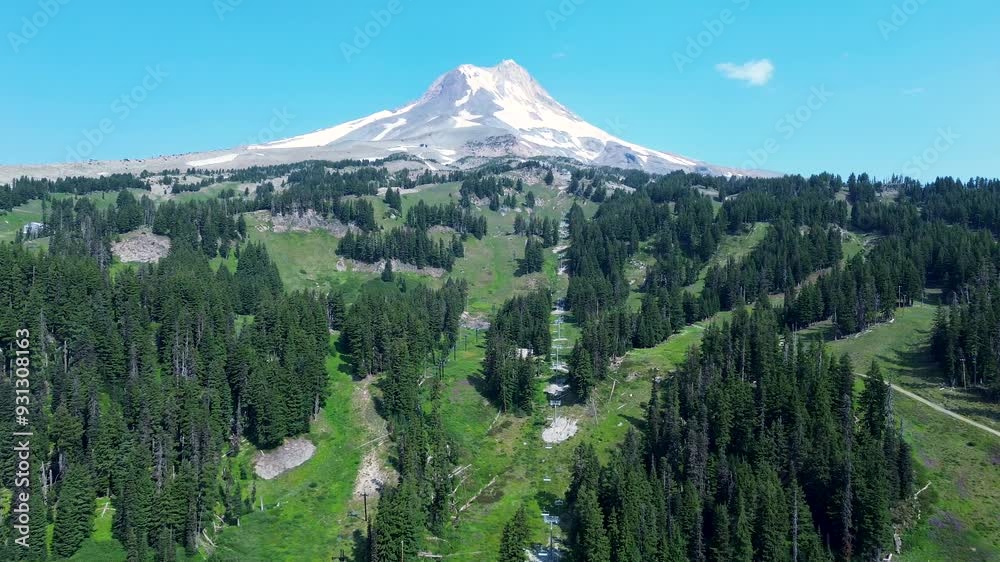 Drone aerial landscape of Mount Hood summit volcano glacier peak snowcap ski resort surrounded by pine tree forest nature outdoors USA America travel tourism hiking Drone aerial landscape of Mount Hood summit volcano glacier peak snowcap ski resort surrounded by pine tree forest nature outdoors USA America travel tourism hiking