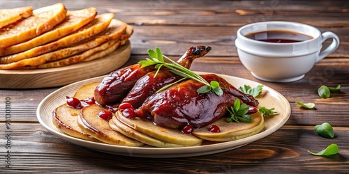 Delicious Peking duck dish served with plum sauce and pancakes, Peking duck, crispy skin photo