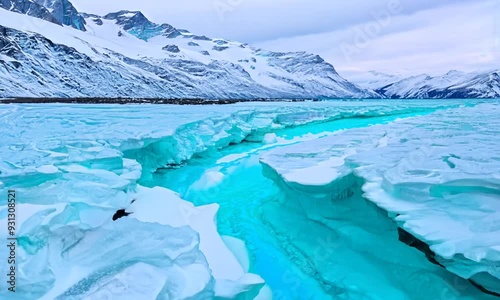 Frozen River's Turquoise Embrace: A breathtaking vista of a frozen river in the heart of a snow-capped mountain range, where turquoise waters shimmer beneath a layer of glistening ice, inviting contem photo