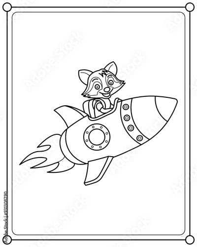 фотографія Cute raccoon riding a space rocket suitable for kids coloring page vector illust