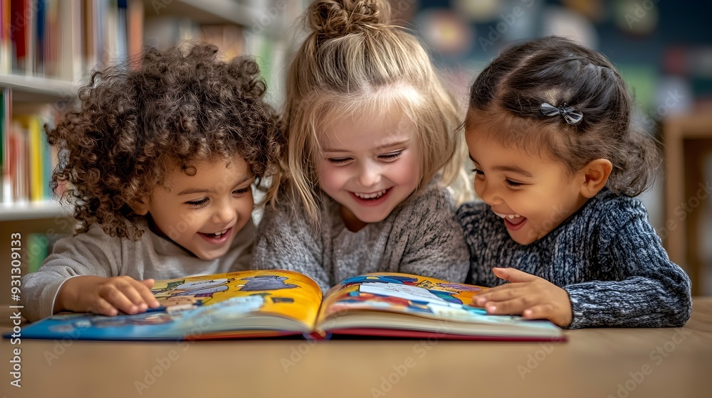 Three multiethnic children reading books in library, laughing, high-resolution natural light
