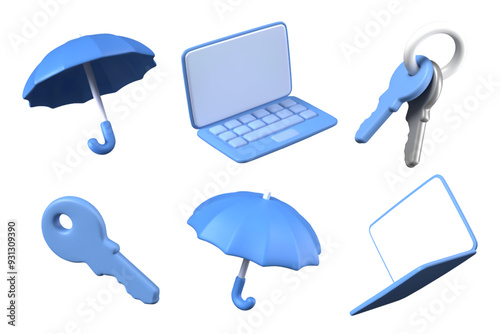 Realistic umbrella, laptop with blank screen, keys in different positions