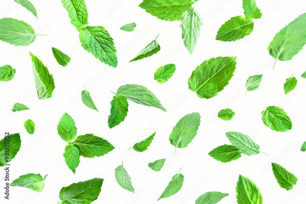 Falling fresh mint leaves isolated on a white background, in a pattern resembling flying green natural he Falling fresh mint leaves isolated on a white background, in a pattern resembling flying green natural he