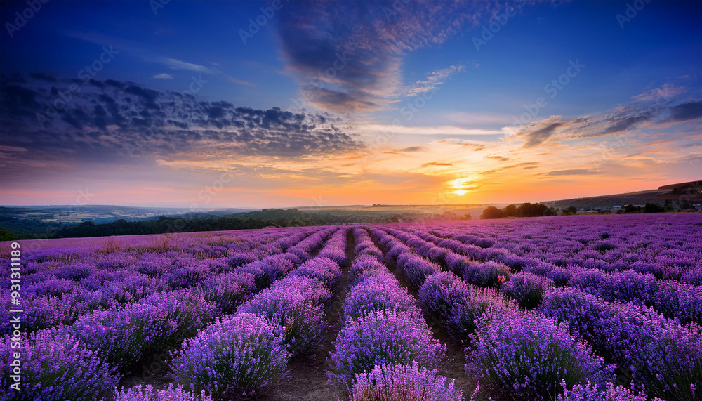 Fototapeta premium Stunning lavender field under a breathtaking sunset sky with vibrant colors and rich natural beauty.