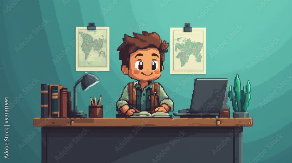 Cheerful Young Professional in a Pixel Art Home Office Setting for Creative Productivity and Relaxation Cheerful Young Professional in a Pixel Art Home Office Setting for Creative Productivity and Relaxation