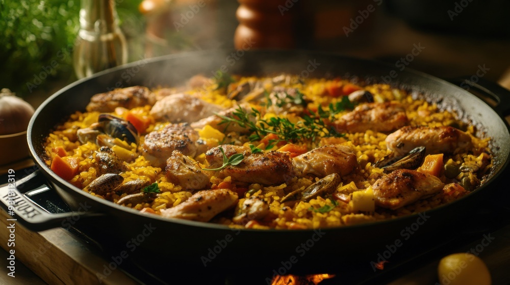 Delicious Paella: A Flavorful Spanish Rice Dish with Chicken and Seafood Delicious Paella: A Flavorful Spanish Rice Dish with Chicken and Seafood